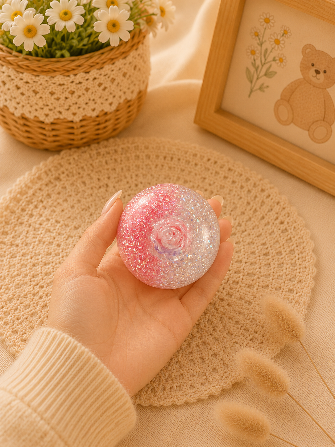 🌸 Crystal Rose Glitter Squishy Ball ✨